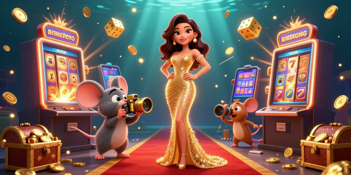 BINTANG5TOTO showcases a vibrant casino scene with a glamorous woman and dynamic gaming elements.