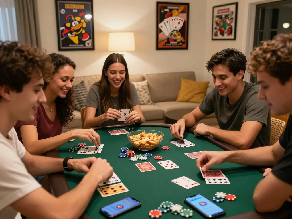 Exciting scene of friends playing card games while using the tải sunwin app, showcasing vibrant gaming atmosphere.