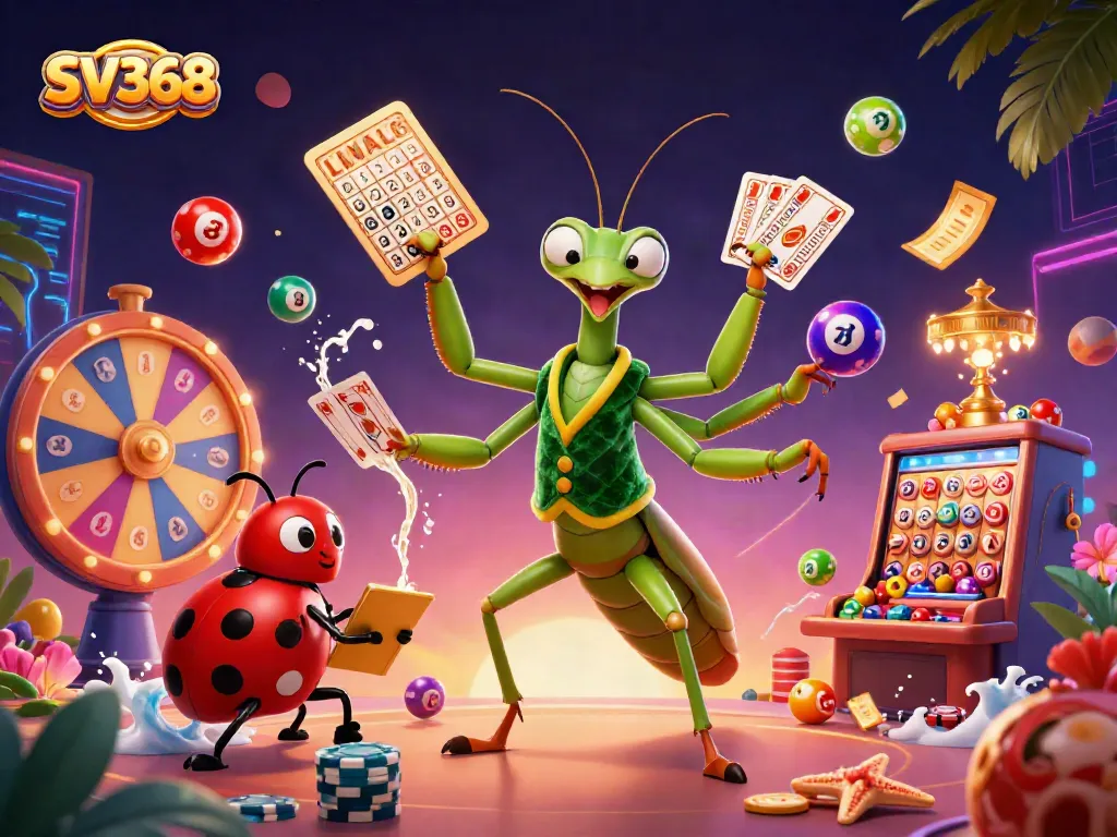 Experience SV368's vibrant gambling scene with a giant praying mantis card sharp, dynamic game elements, and a ladybug pit boss.