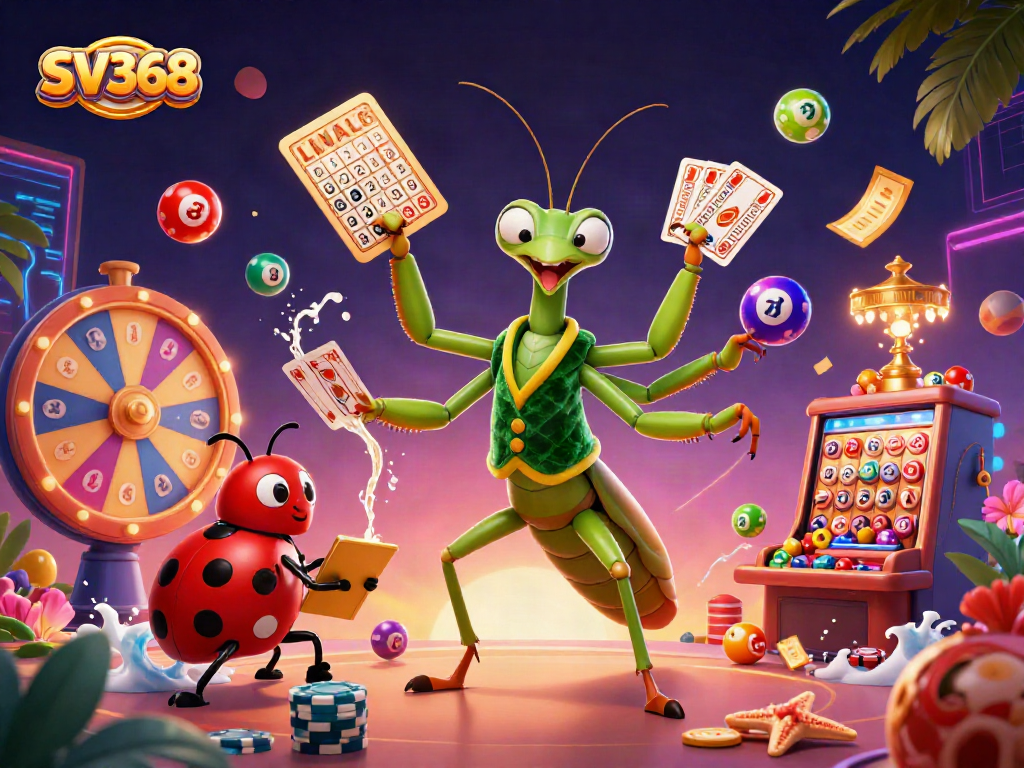 Experience SV368's vibrant gambling scene with a giant praying mantis card sharp, dynamic game elements, and a ladybug pit boss.