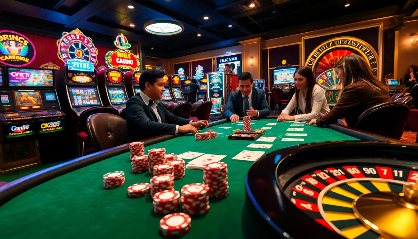 Engaging scene at https://ok365vi.net/ featuring players enjoying poker at a luxurious table with vibrant casino elements.