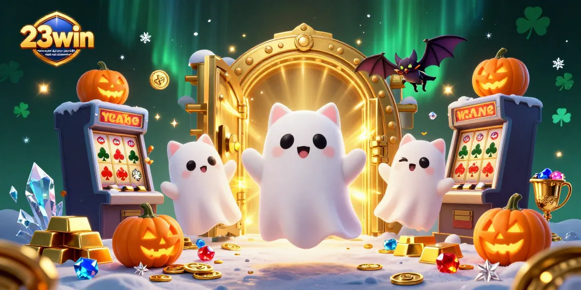 Engage in thrilling gameplay at 23win - nhà cái uy tín nổ hũ bắn cá casino 23win with a ghost cat in a haunted casino scene.