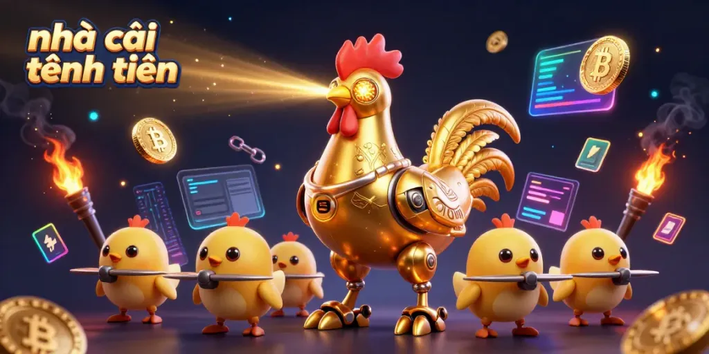 Experience the vibrant world of nhà cái tặng tiền with golden robot characters and crypto-themed elements illuminating the scene.