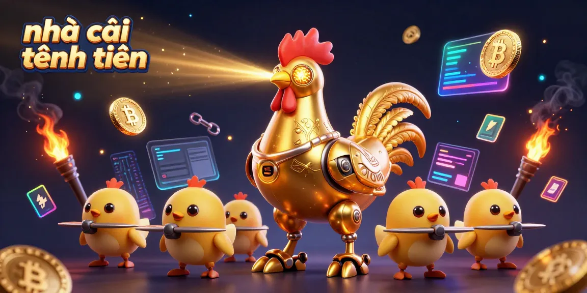 Experience the vibrant world of nhà cái tặng tiền with golden robot characters and crypto-themed elements illuminating the scene.