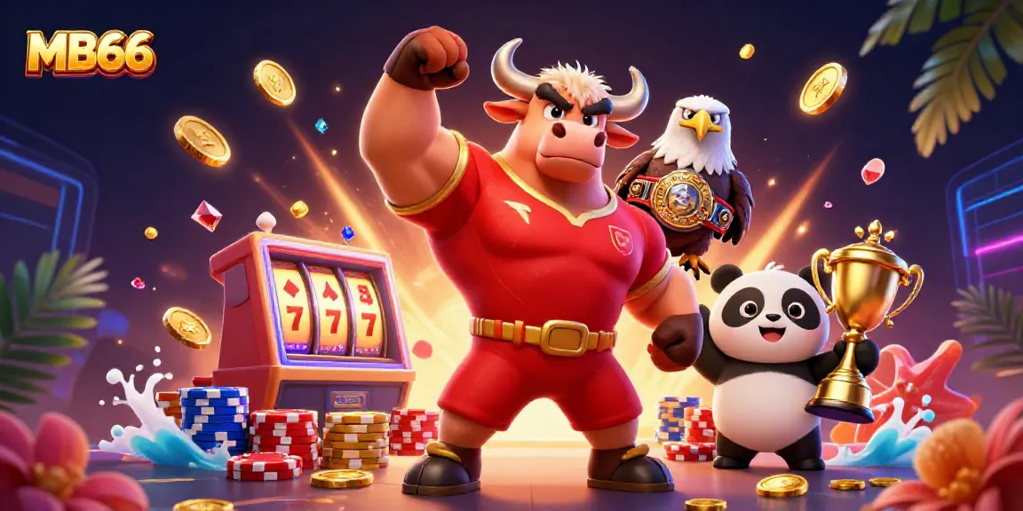 Engage with MB66 by winning big and celebrating with a cartoon bull, eagle, and panda in a festive casino scene.