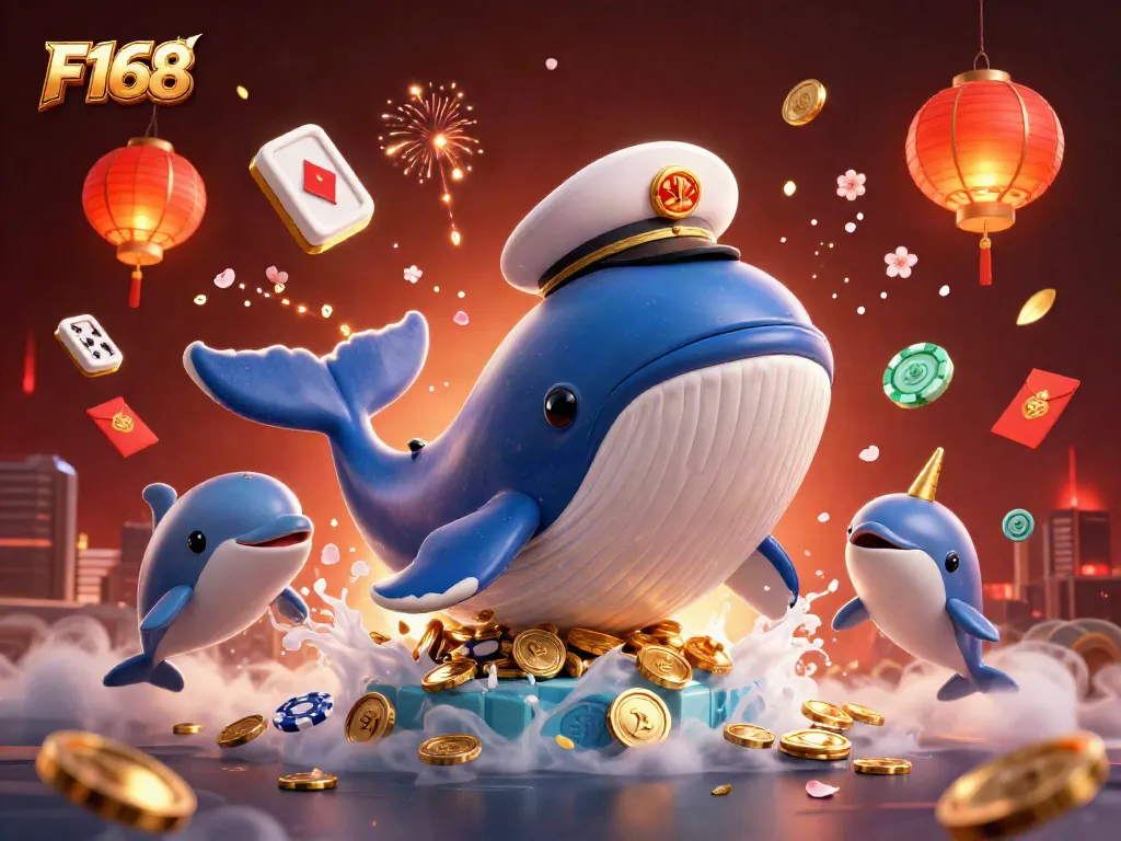 Experience F168 excitement with a whale, narwhal, and dolphins celebrating casino wins in a vibrant underwater scene.