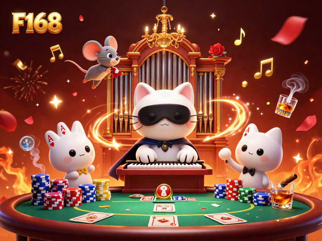 F168 gaming scene featuring the phantom cat and mouse acrobat with poker elements.