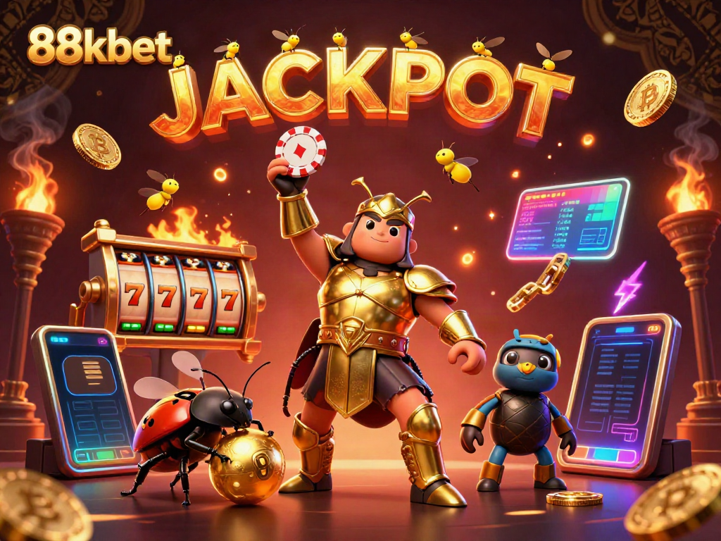 88kbet's victorious hercules beetle lifting a poker chip as slot machines surround it in a dynamic casino scene.