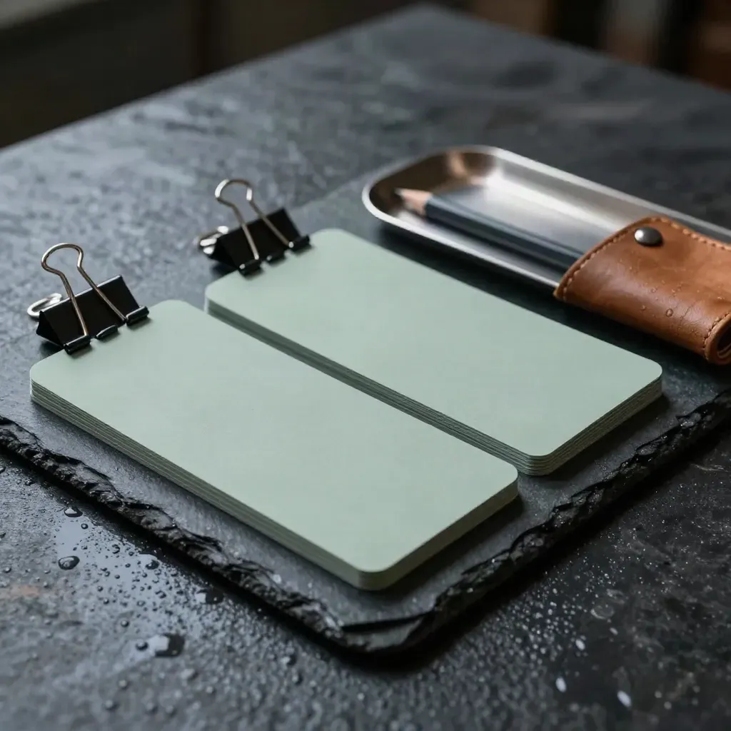 Planning kit on wet slate with clips, tray, pencil, and leather catchall