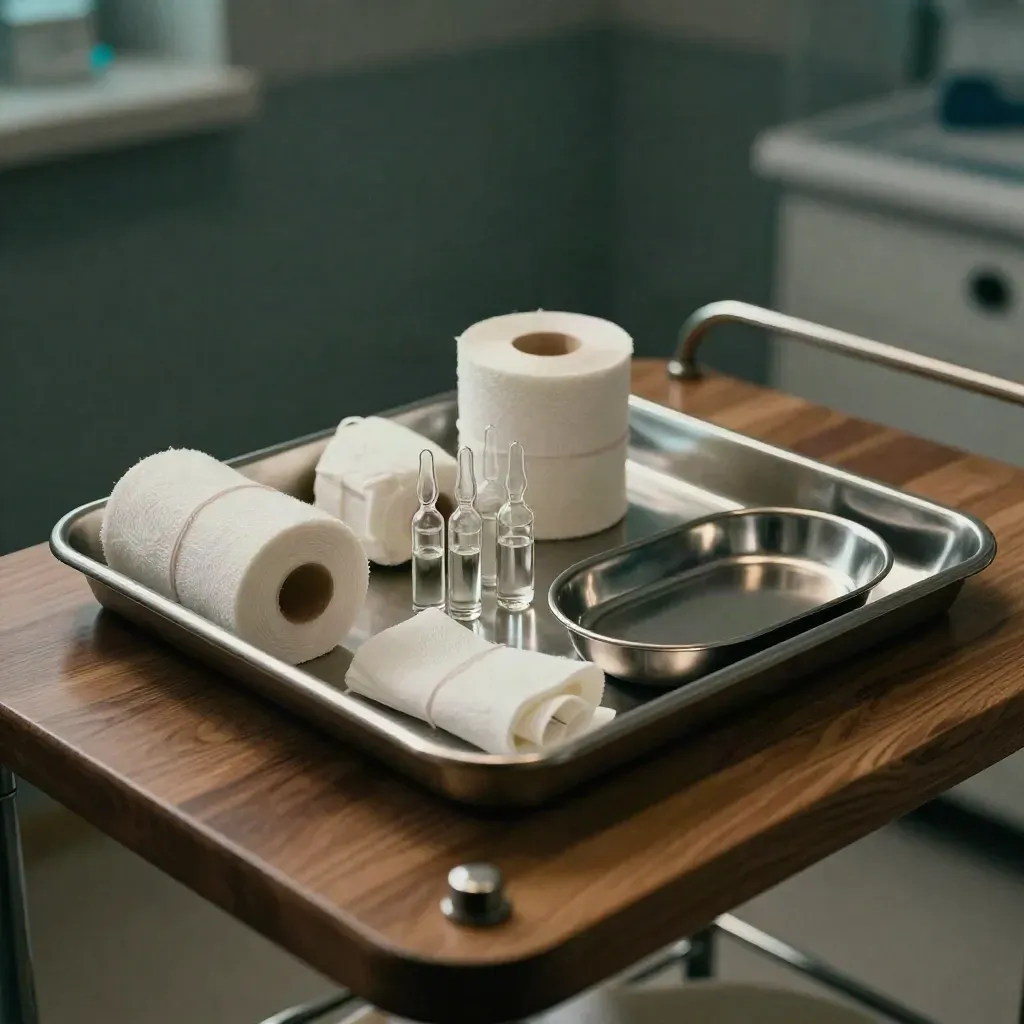 Stainless tray with gauze rolls, ampoules and a folded tourniquet on walnut.