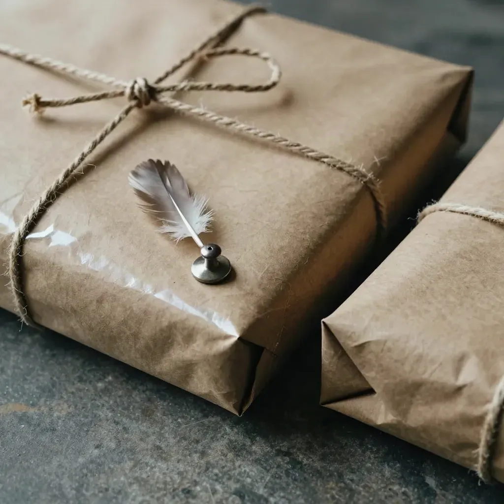 Kraft parcels tied with cotton twine and a metal scale weight on a stone packing surface.