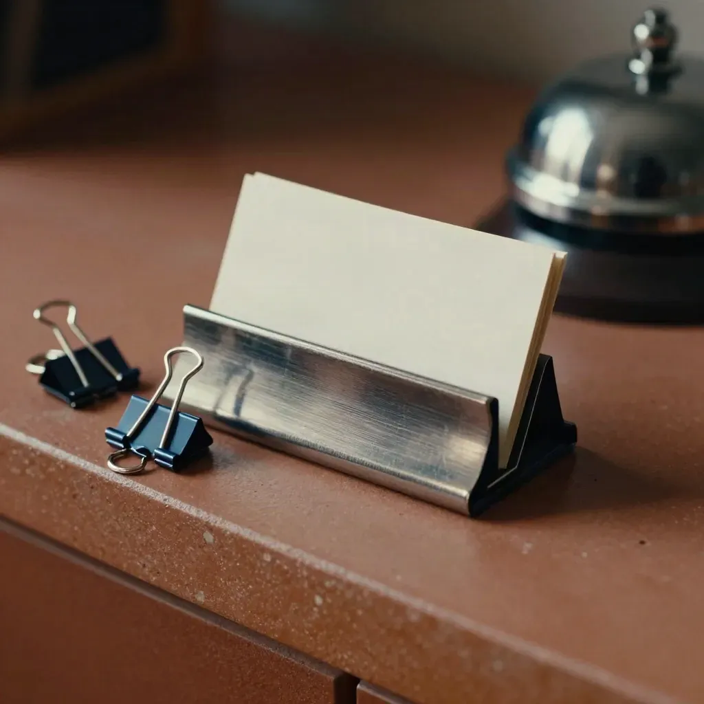 Metal card holder, blank cards, binder clips and desk bell on a terracotta ledge.