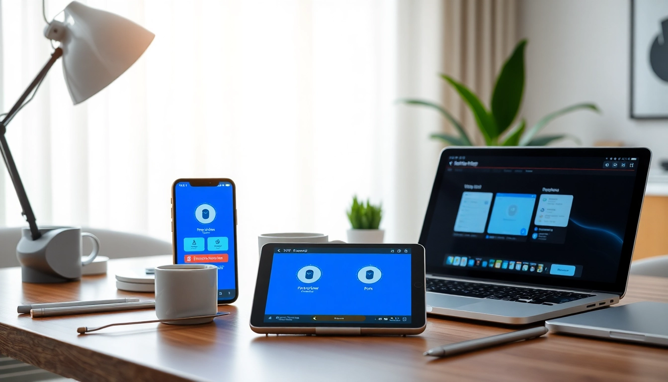 快连下载 app interface displayed on multiple devices showcasing modern technology in a professional setting.