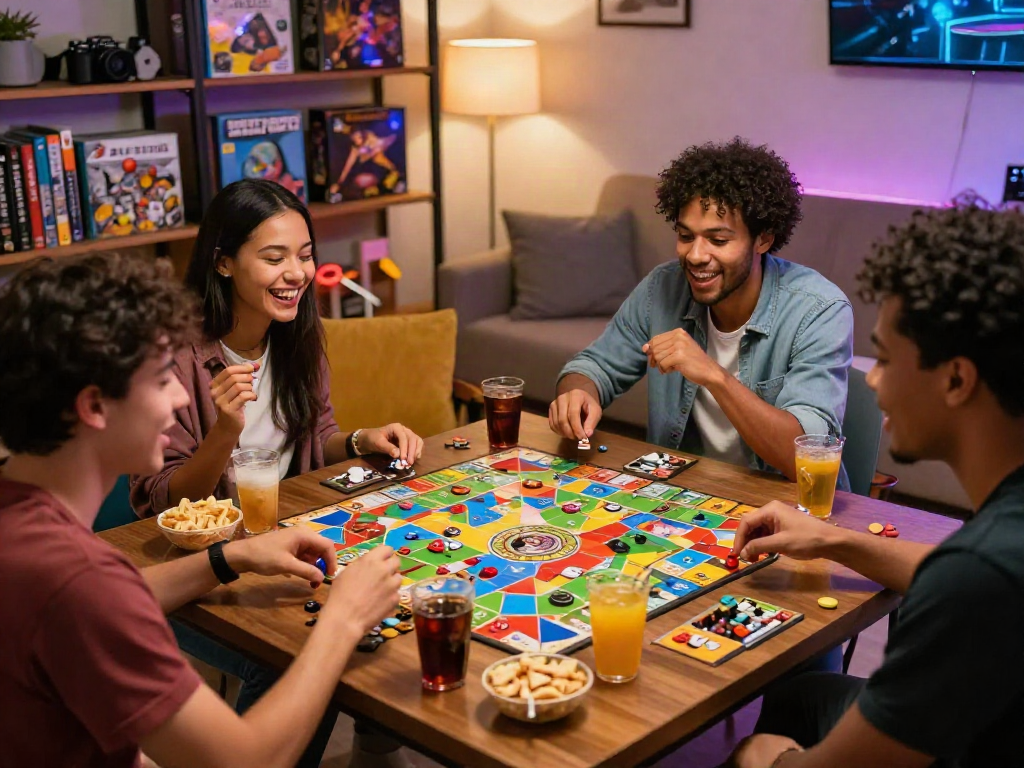 A lively game night scene showcasing friends engaged in a sex game, surrounded by snacks and colorful game pieces.