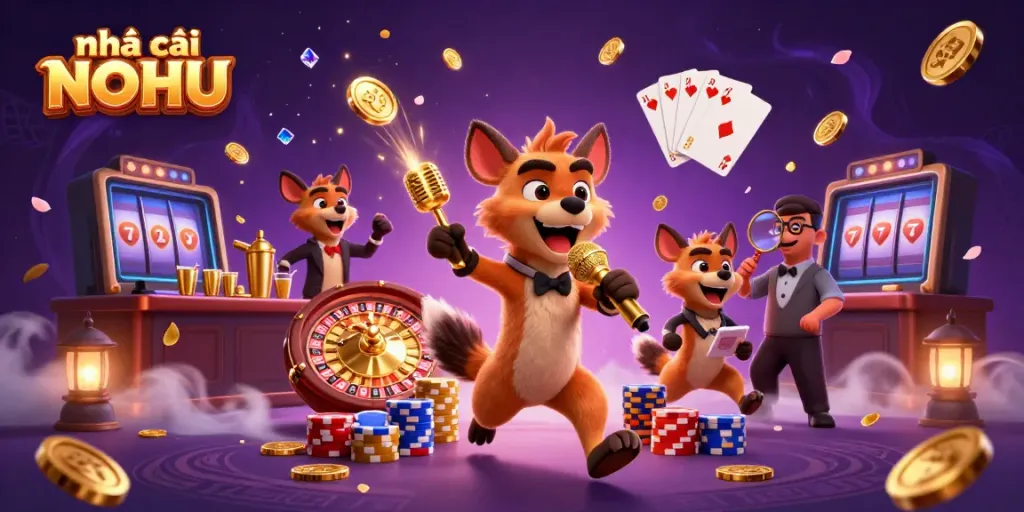 Enjoying a vibrant scene at nhà cái NOHU, featuring hyenas in a bustling casino club atmosphere.