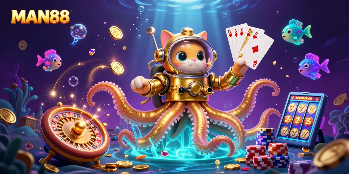Experience thrill at MAN88 with a spectacular 3D kraken illustration surrounded by vibrant casino elements.