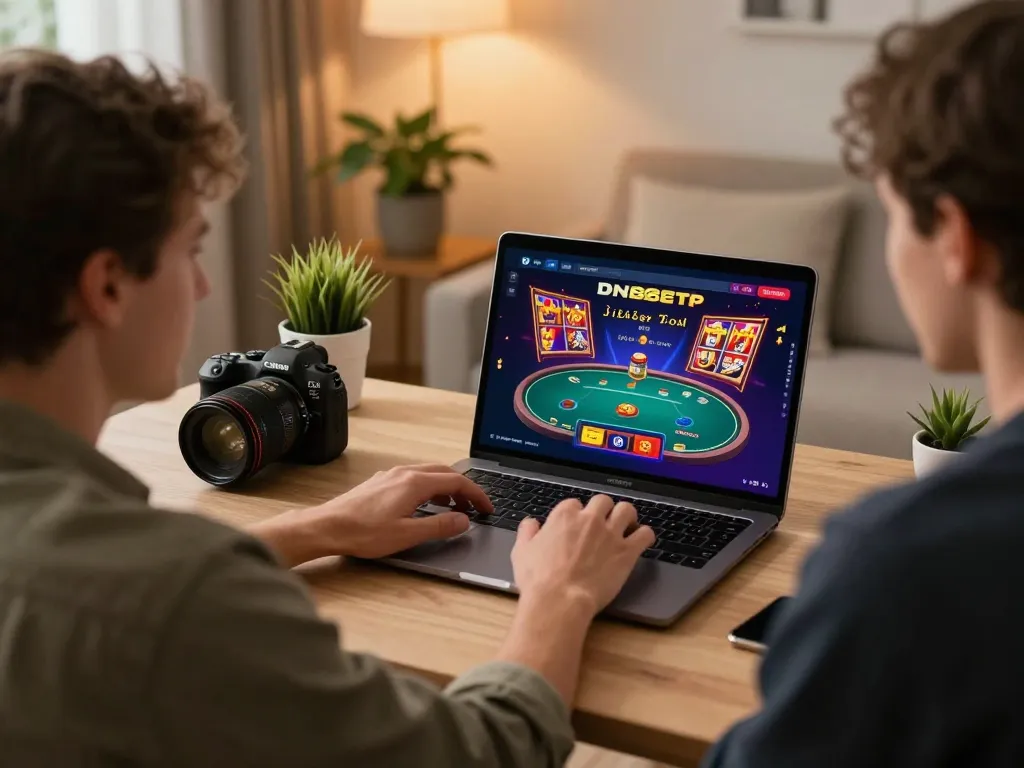 Engaging with the DN88 platform at home, capturing the essence of online gambling with excitement.