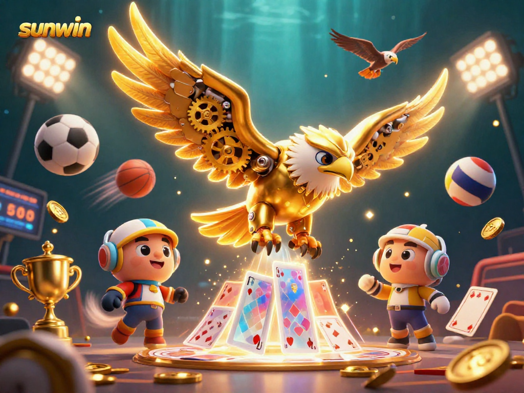 Experience thrilling sports betting with sunwin's 3D golden eagle diving through holographic cards and dynamic action elements.