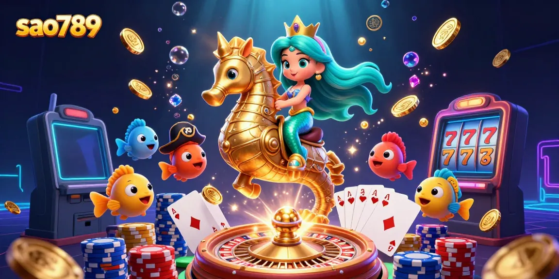 Sao789's vibrant casino-themed underwater scene with a mermaid princess, lots of casino elements, and animated gold coins.