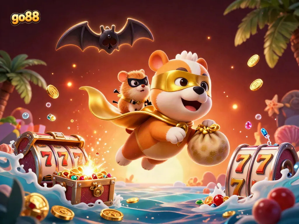 Experience go88’s thrilling jackpot action in a vibrant casino-themed scene with our superhero dog.