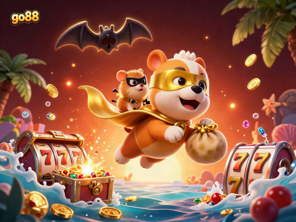 Experience go88’s thrilling jackpot action in a vibrant casino-themed scene with our superhero dog.