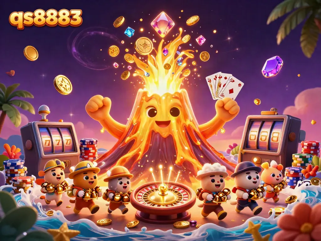 Engage in thrilling treasure hunting with qs8883 as golden coins and vibrant gems erupt from a victorious volcano.
