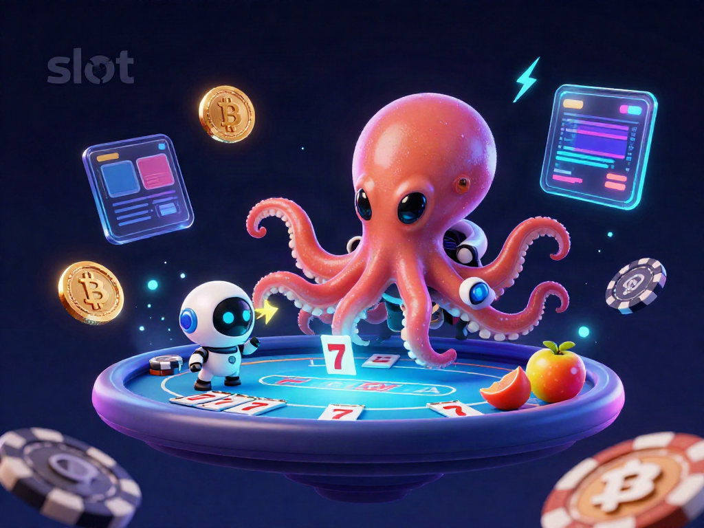 Catch the excitement of slot gaming in this vibrant alien poker scene depicting an octopus and robot framed by cryptocurrency elements.