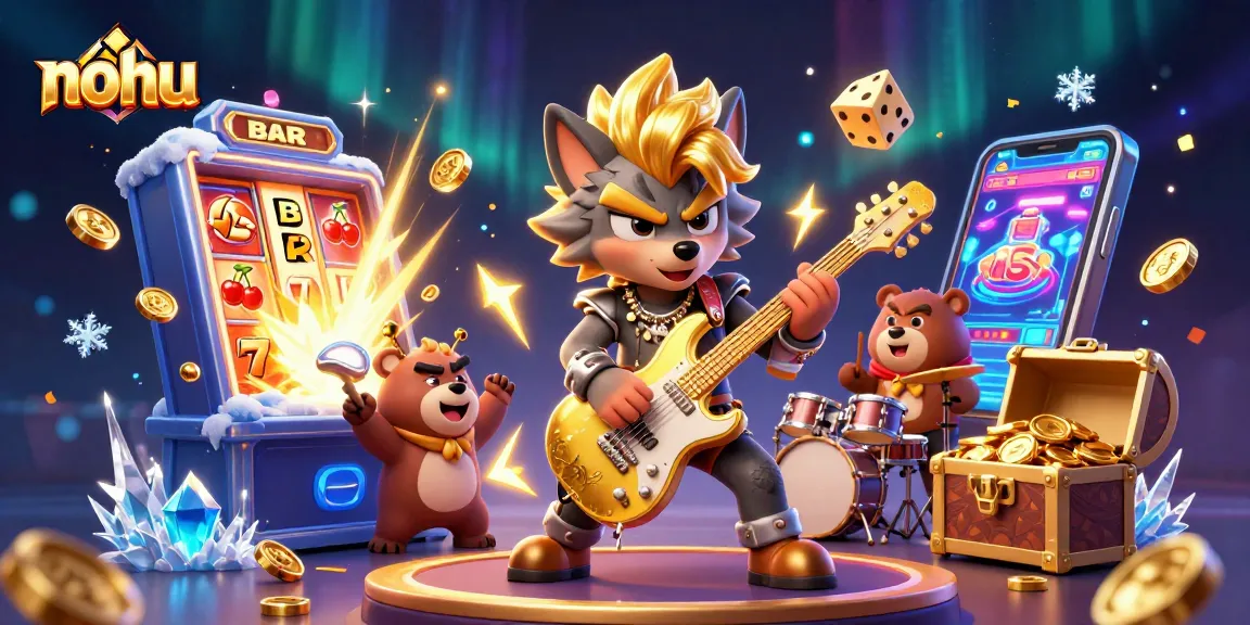 Join the energetic nohu casino scene with a rock star wolf and drummer bear amid thrilling jackpot action.