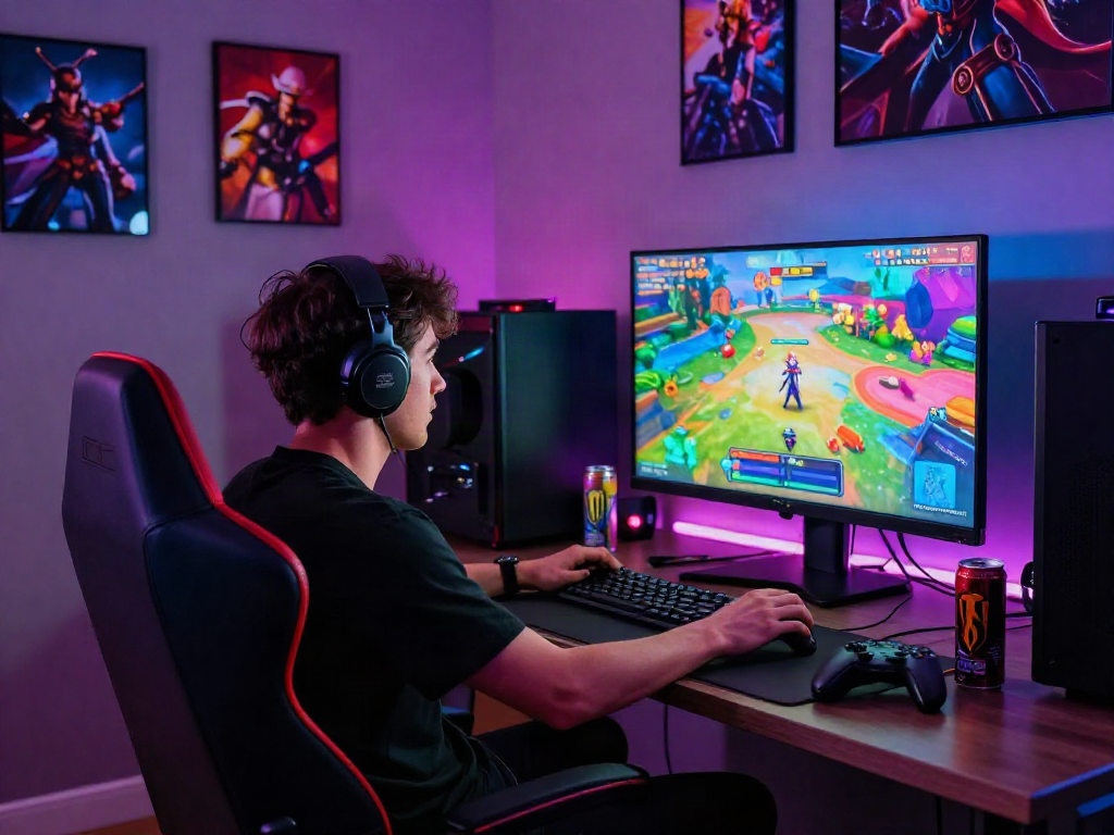 Engaging gamer immersed in a vibrant porn game environment, LED lights enhance the energetic atmosphere.