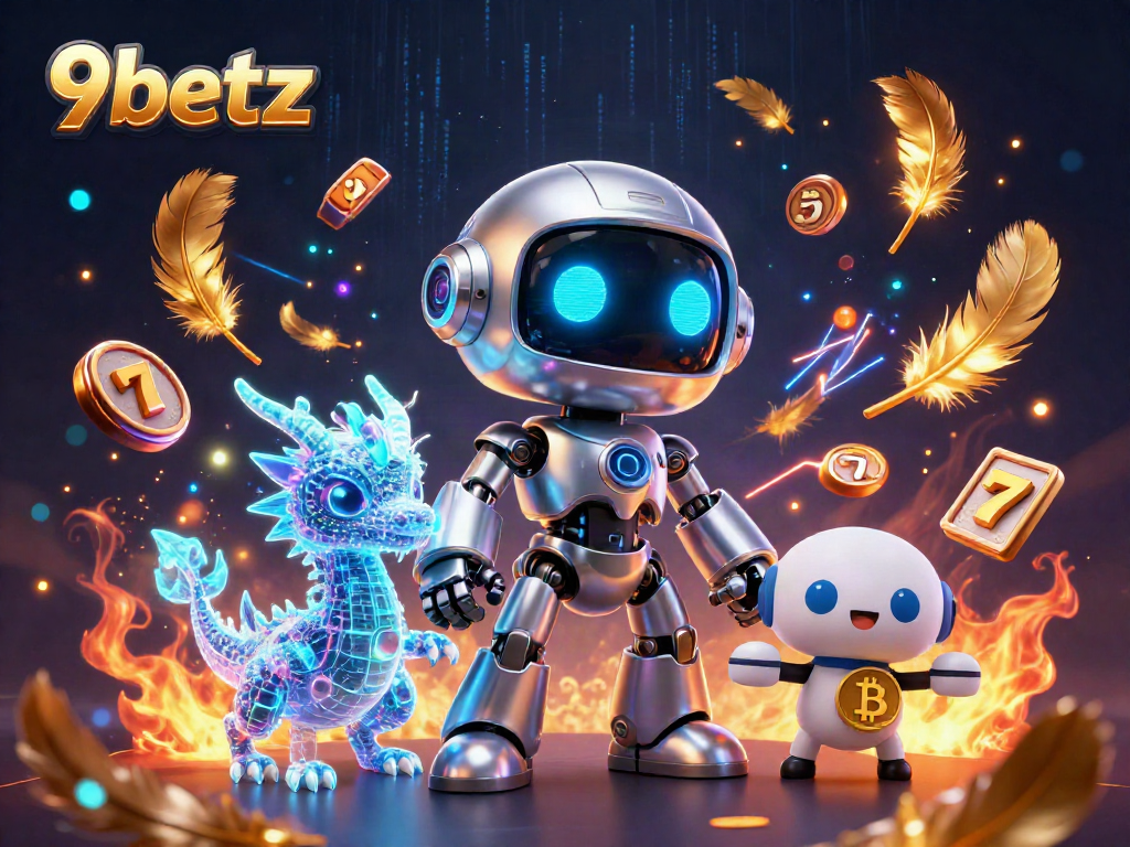 Engage with thrilling casino action at 9betz featuring a cyberpunk robot and AI dragon amidst swirling gold particles.