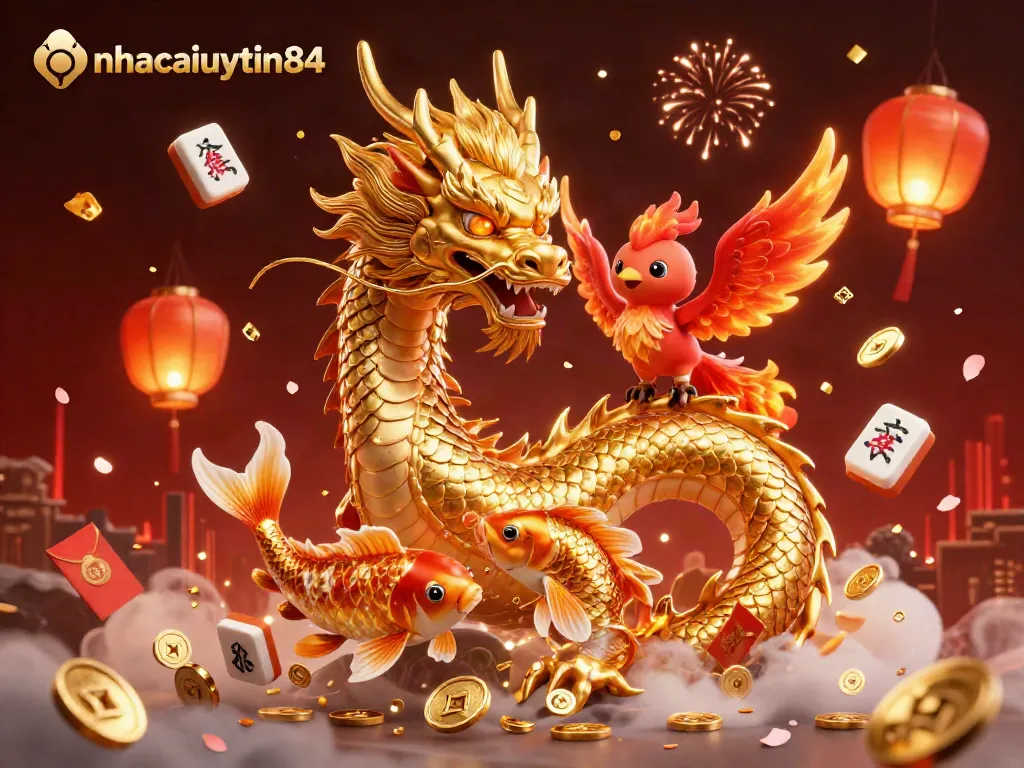 Experience thrilling gameplay action with nhacaiuytin84's vibrant casino scene featuring dragons, koi fish, and festive elements.