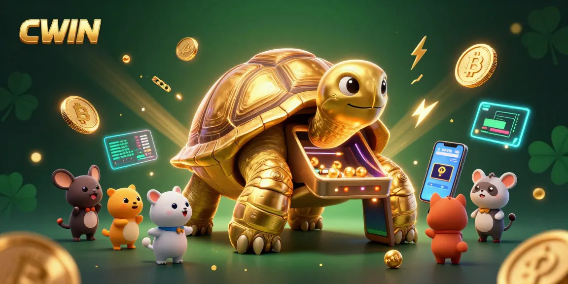 Experience CWIN with exciting golden tortoise and vibrant crypto elements in an engaging 3D gaming scene.