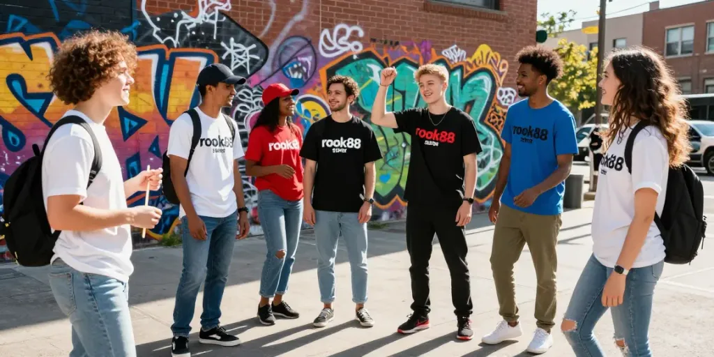 Celebrating friendship with rokok88 super merchandise in a vibrant urban setting.