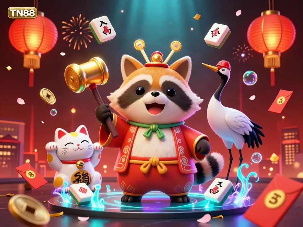 Celebrate your wins at TN88, featuring lively tanuki and lucky cats amidst vibrant gambling symbols.