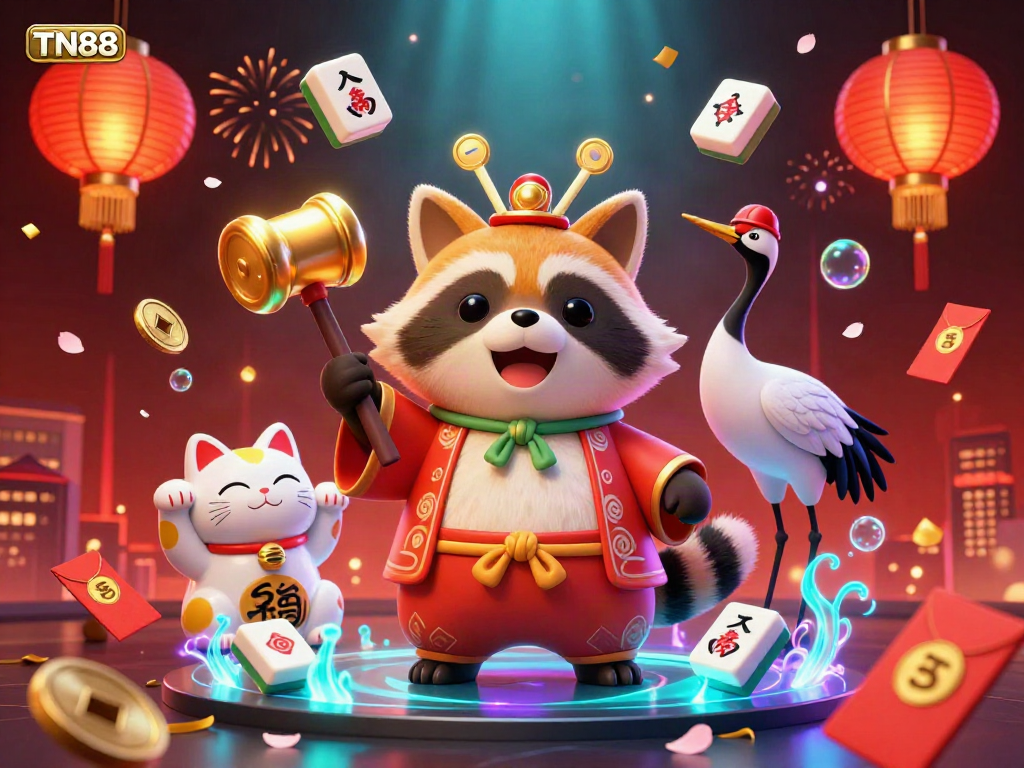 Celebrate your wins at TN88, featuring lively tanuki and lucky cats amidst vibrant gambling symbols.