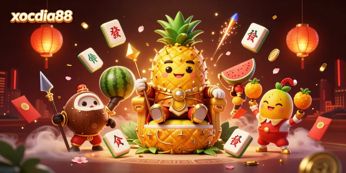 xocdia88's vibrant casino scene features a golden pineapple king amidst colorful game elements.
