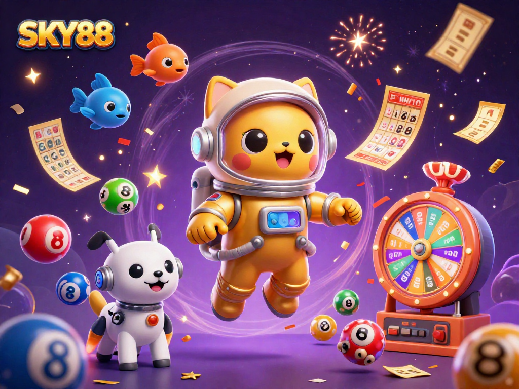 Engage with SKY88's vibrant universe of exciting games and lottery fun in this dynamic scene.