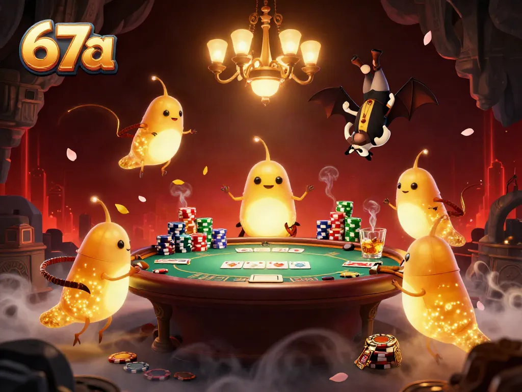 Experience the excitement of the 67a casino with bioluminescent glowworms lighting up a poker table.