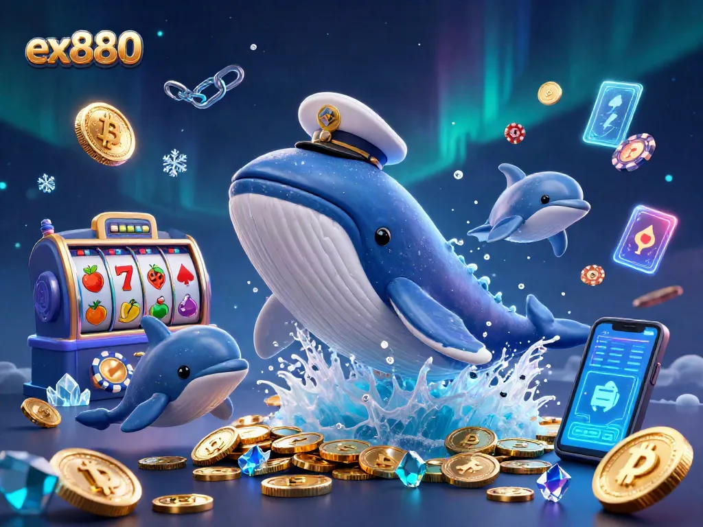 Engage with ex880 as vibrant dolphins play with poker chips amidst a sea of coins.