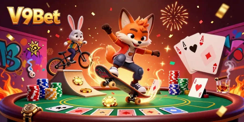 Experience lively action at V9Bet with a vibrant 3D fox skateboarder and rabbit BMX rider in a dynamic casino scene.