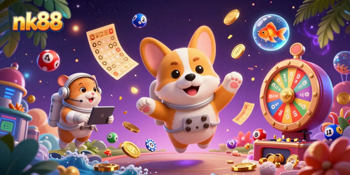 Engage in thrilling NK88 online gaming with a floating casino scene featuring an astronaut corgi.
