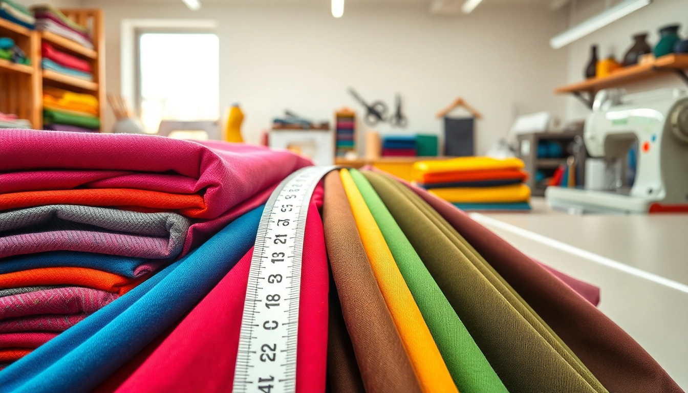 Stof kopen per meter met kleurrijke stoffen en meetlint in een naaiatelier.