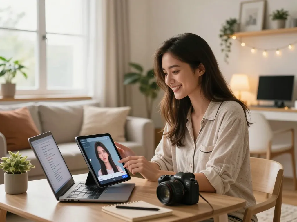 Engaging in an emotional chat with an AI girlfriend, showcasing a young woman in a cozy home office with tablet and personal decor.