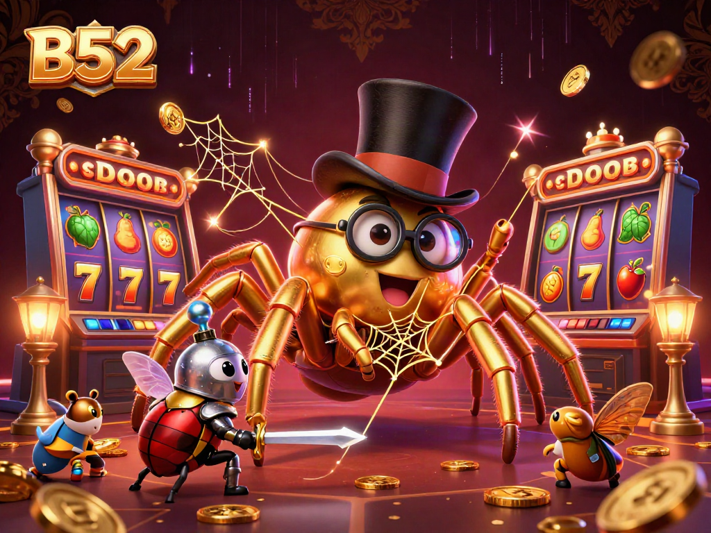 Experience the excitement of B52 with a golden tarantula and beetle knight in a vibrant casino scene.