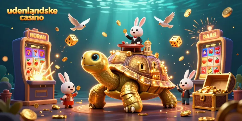 Experience the excitement of udenlandske casino with a vibrant 3D scene of a golden tortoise casino and a rabbit dealer.