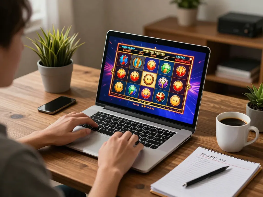 SX88 player captivated by a colorful slot game on a laptop, showcasing a winning spin.