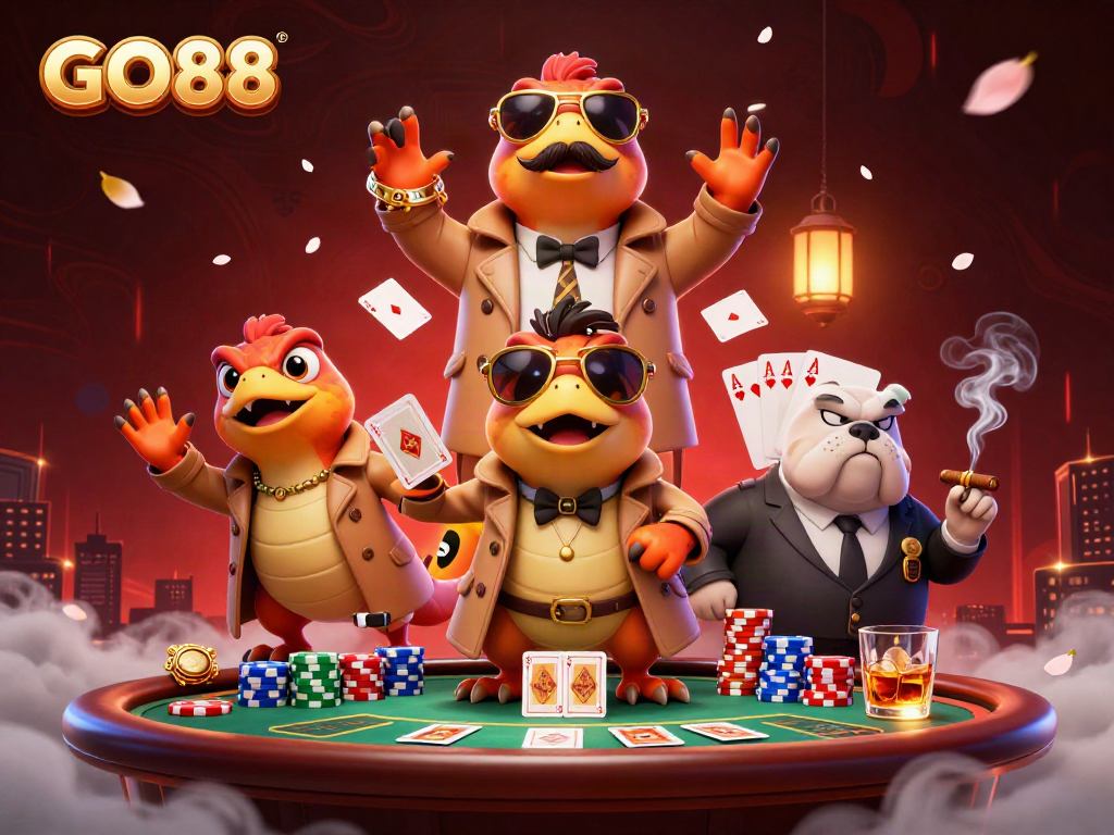 Experience GO88 excitement with cartoon raptors in a trench coat trying to enter a VIP casino lounge.