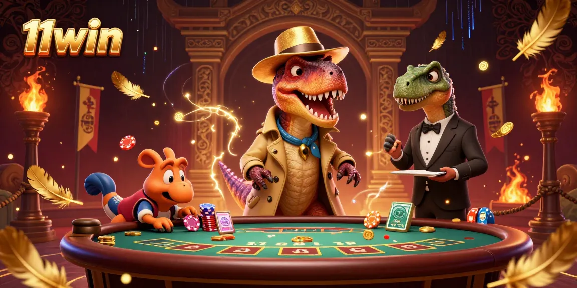 Experience thrilling gameplay at 11win's casino with a stealthy velociraptor and a suspicious stegosaurus.