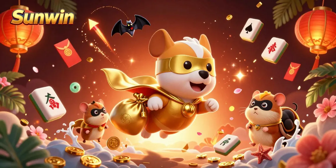 Experience thrilling gaming on Sunwin with a vibrant illustration of a superhero dog and exciting casino elements.