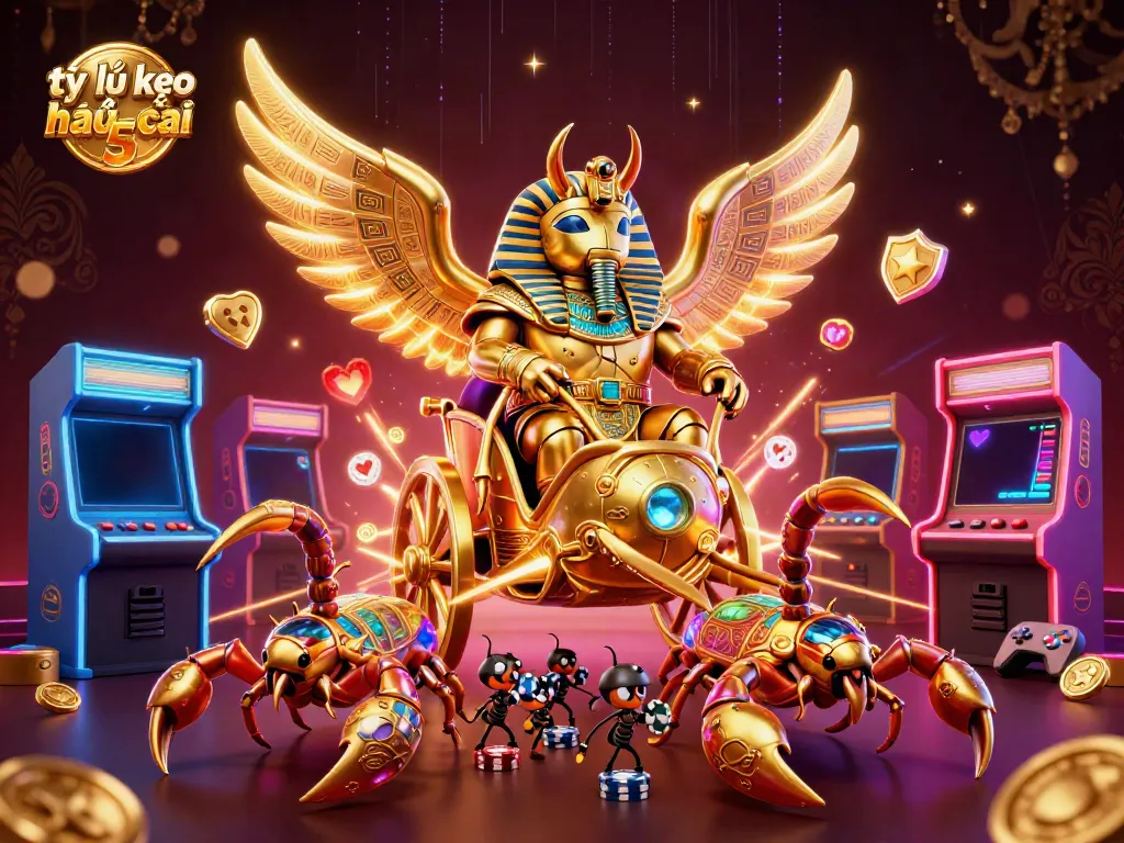 Experience tỷ lệ kèo nhà cái 5 with a dynamic scene of a golden scarab beetle and scorpions in a colorful casino.
